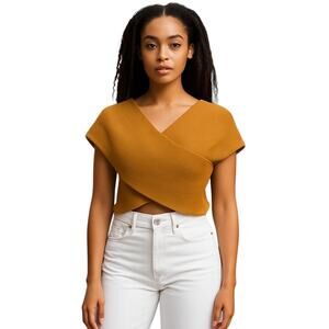 Active USA Women Off Shoulder Brown Ribbed V-Neck Crop Top Size L